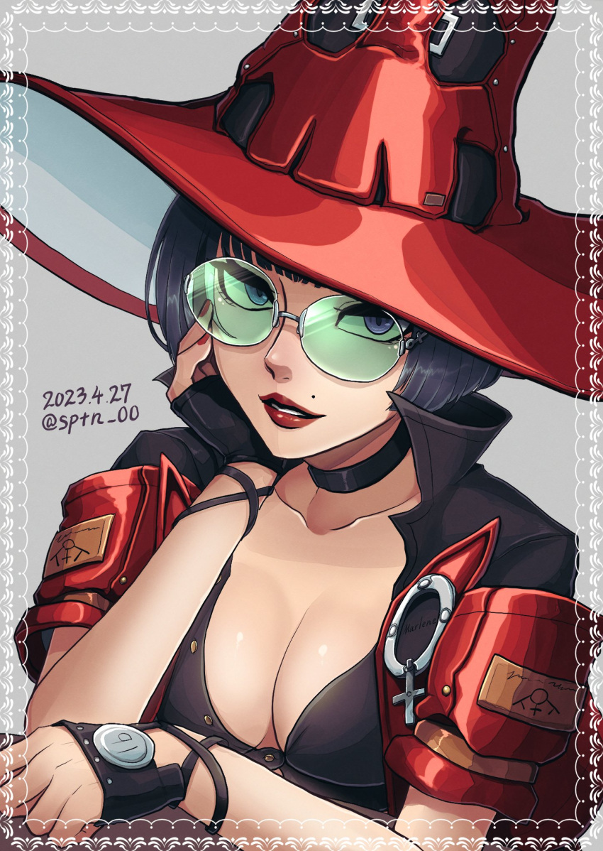 1girl black_choker black_gloves black_hair breasts choker cleavage dated fingerless_gloves gloves green-tinted_eyewear guilty_gear guilty_gear_strive hat highres i-no large_breasts looking_at_viewer mole mole_above_mouth parted_lips red_headwear red_lips red_nails short_hair short_sleeves sptn_00 sunglasses tinted_eyewear venus_symbol witch_hat