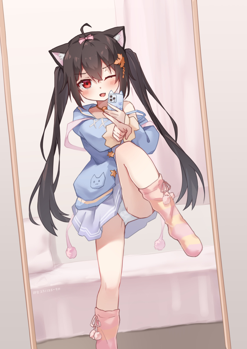 1girl absurdres ahoge animal_ears artist_name bed bed_sheet blush bow brown_hair cat_ears cat_girl cellphone dated eleven-sora fang female_pov hair_bow hair_ornament highres holding holding_phone indoors leaf_hair_ornament leg_up long_hair meme mirror mirror_image one_eye_closed one_finger_selfie_challenge_(meme) open_mouth original panties pantyshot phone pink_bow pov red_eyes reflection selfie sidelocks signature skirt smartphone smile socks solo standing striped striped_socks twintails underwear white_panties