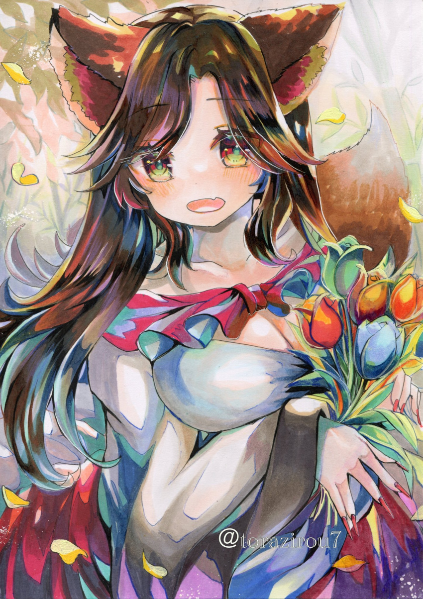 1girl animal_ears blue_flower blush breasts brown_hair cleavage collarbone dress fingernails flower highres imaizumi_kagerou large_breasts long_fingernails long_hair long_sleeves nail_polish open_mouth petals red_eyes red_flower red_nails sharp_fingernails solo torajirou_(toraneko_zirou) touhou traditional_media twitter_username upper_body white_dress wide_sleeves wolf_ears