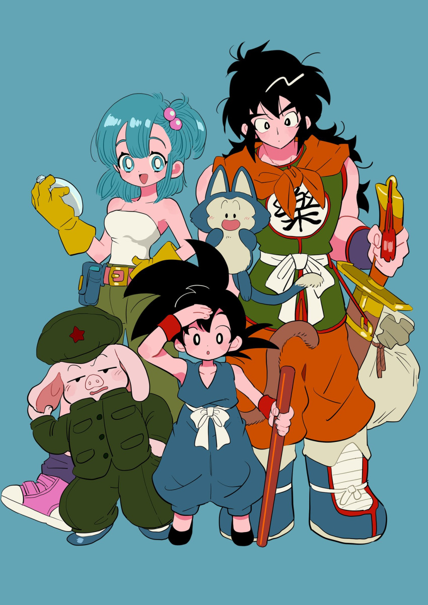 1girl 2boys animal aqua_eyes aqua_hair belt black_eyes black_footwear blue_footwear blush_stickers boots breasts bright_pupils bulma chinese_clothes clothes_writing collarbone dot_nose dougi dragon_ball dragon_ball_(classic) dragon_radar fanny_pack fingernails full_body gloves green_pants hair_between_eyes hair_bobbles hair_ornament hand_in_pocket hand_on_own_ear hand_on_weapon hand_up hat highres holding holding_weapon katana kodama_(marugoto_omikan) leaning_to_the_side light_blue_background long_hair looking_afar loose_socks medium_breasts medium_hair messy_hair military military_hat military_jacket military_uniform multiple_boys muscular muscular_male neckerchief nyoibo one_side_up oolong orange_neckerchief orange_pants pants parted_lips pink_footwear puar purple_socks purple_wristband red_wristband shading_eyes sheath sheathed shoes side-by-side simple_background sneakers socks son_goku spiked_hair straight_hair strapless sword tareme tassel tube_top uniform weapon white_pupils wide-eyed wristband yamcha yellow_gloves