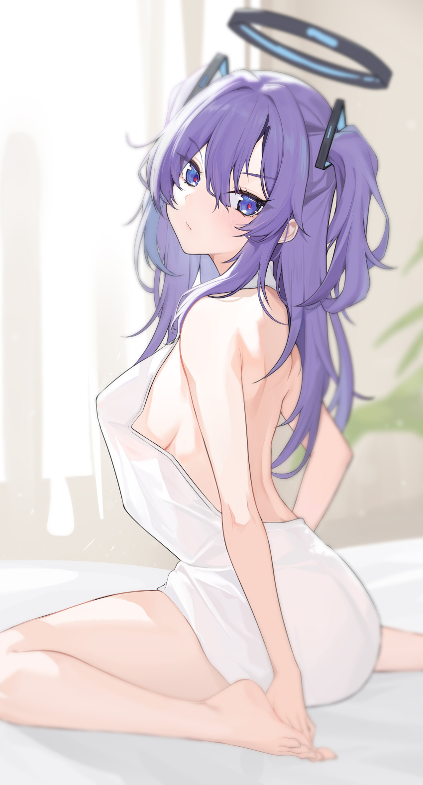 1girl absurdres backless_dress backless_outfit bare_legs barefoot bed_sheet blue_archive blush breasts chinoryuu dress halo head_tilt highres indoors large_breasts long_hair looking_at_viewer looking_to_the_side median_furrow purple_eyes purple_hair see-through_silhouette sitting solo two_side_up very_long_hair wariza white_dress yuuka_(blue_archive)