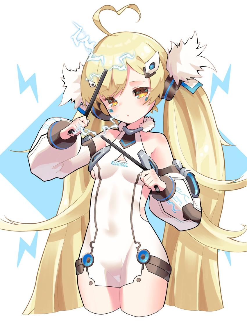 1girl ahoge azur_lane bare_shoulders blonde_hair blush breasts character_name covered_navel cropped_legs detached_sleeves dress eldridge_(azur_lane) electricity facial_mark hands_up heart heart_ahoge highres lightning_bolt_symbol long_hair ma_ri_dai_ku parted_lips puffy_sleeves simple_background small_breasts solo twintails very_long_hair white_dress yellow_eyes