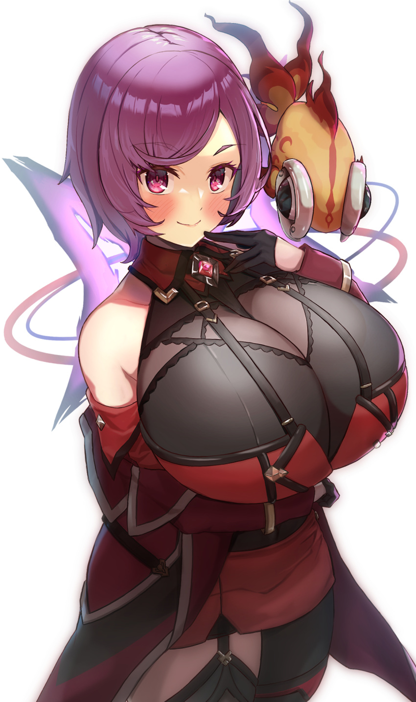 1girl aged_up arm_under_breasts bare_shoulders between_breasts black_gloves black_pantyhose black_thighhighs blush bodystocking breasts capelet chi-yu_(pokemon) cleavage closed_mouth coat collarbone commentary_request courtney_(pokemon) cowboy_shot garter_straps gem gloves half_gloves hand_up highres hizakake huge_breasts long_sleeves looking_at_viewer miniskirt off-shoulder_coat off_shoulder open_clothes open_coat pantyhose pokemon pokemon_(creature) pokemon_(game) pokemon_oras purple_eyes purple_hair red_capelet red_gemstone red_skirt see-through see-through_cleavage short_hair sidelocks simple_background single_leg_pantyhose skindentation skirt smile standing strap_between_breasts swept_bangs thighhighs white_background