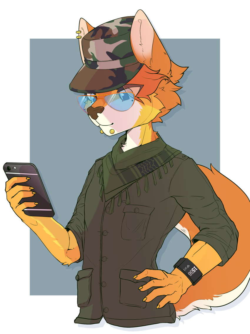 2021 absurd_res anthro artyom_the_dhole border brown_nose camo camo_clothing camo_hat camo_headgear camo_headwear camo_print canid canine cardiac_monitor cellphone cheek_tuft claws clock clothed clothing combat_shirt dhole ear_piercing eyewear facial_piercing facial_tuft front_view glasses green_clothing green_kerchief green_neckerchief green_shirt green_topwear grey_background hair half-length_portrait hat headgear headwear hi_res holding_cellphone holding_object holding_phone holding_smartphone holding_waist kerchief lip_piercing looking_at_smartphone male mammal medical_instrument neckerchief orange_hair pattern_clothing pattern_hat pattern_headgear pattern_headwear phone piercing portrait ricky945 scientific_instrument shemagh shirt simple_background smartphone smartwatch smile snakebite_piercing solo topwear tuft uniform watch white_border yellow_claws