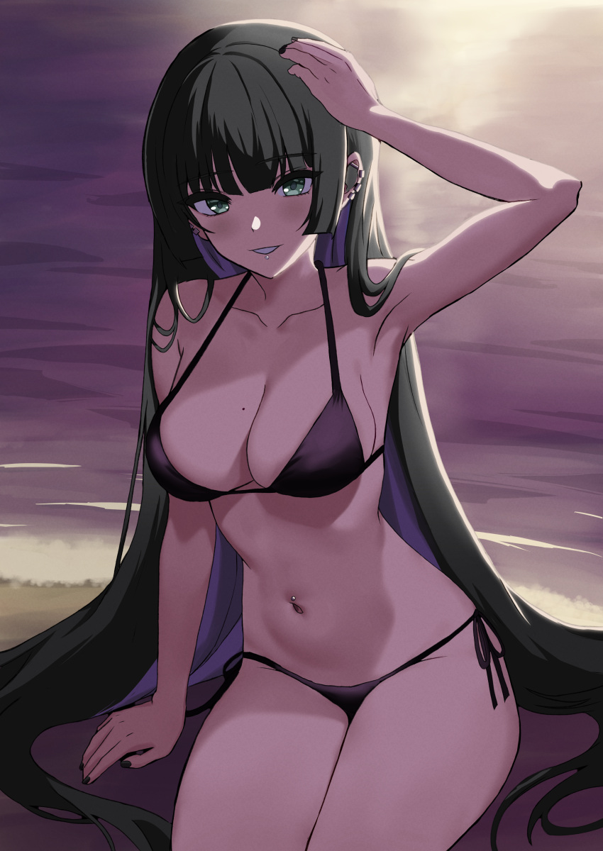 1girl absurdres bikini black_hair black_nails bocchi_the_rock! breasts colored_inner_hair green_eyes highres kinomiki large_breasts lip_piercing long_hair looking_at_viewer mole mole_on_breast multicolored_hair nail_polish navel_piercing pa-san piercing purple_hair solo swimsuit upper_body very_long_hair