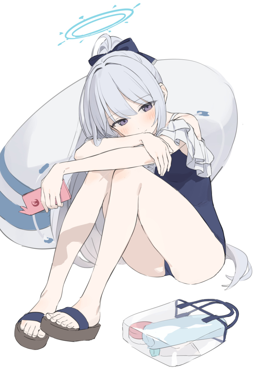 1girl absurdres bare_legs blue_archive blue_halo blue_one-piece_swimsuit blush cellphone closed_mouth frilled_one-piece_swimsuit frills grey_hair halo highres holding holding_phone innertube long_hair miyako_(blue_archive) miyako_(swimsuit)_(blue_archive) nanmo_(nanmokamo) official_alternate_costume one-piece_swimsuit phone ponytail purple_eyes sandals simple_background smartphone solo swimsuit white_background