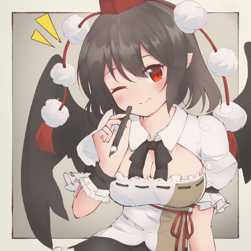 1girl black_hair black_skirt black_wings black_wrist_cuffs breasts calligraphy_brush cleavage cleavage_cutout closed_mouth clothing_cutout collared_shirt frilled_skirt frills happy hat head_tilt highres medium_hair nazawa_(nother) neck_ribbon one_eye_closed paintbrush pointy_ears pom_pom_(clothes) red_eyes red_headwear red_ribbon ribbon ribbon-trimmed_shirt shameimaru_aya shirt skirt smile solo tassel tokin_hat touhou white_shirt wings wrist_cuffs