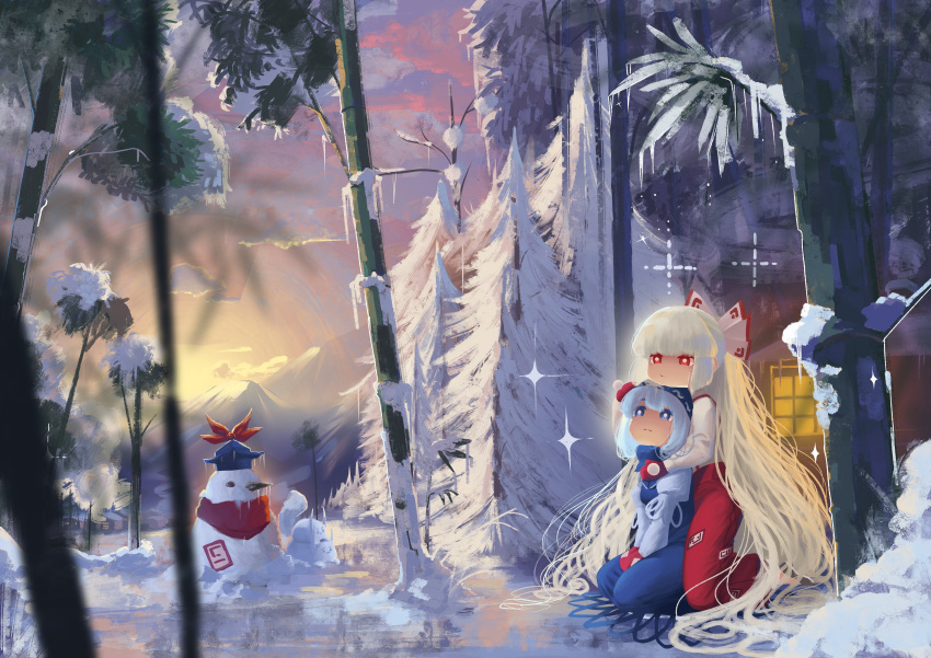 2girls absurdres bamboo bamboo_forest blue_eyes blue_hair blue_headwear character_snowman forest frozen_lake fujiwara_no_mokou highres kamishirasawa_keine long_hair mittens multiple_girls nature overalls pants red_eyes red_mittens red_overalls red_pants red_scarf scarf shirt snow snowman sweet_reverie touhou very_long_hair white_hair white_shirt winter