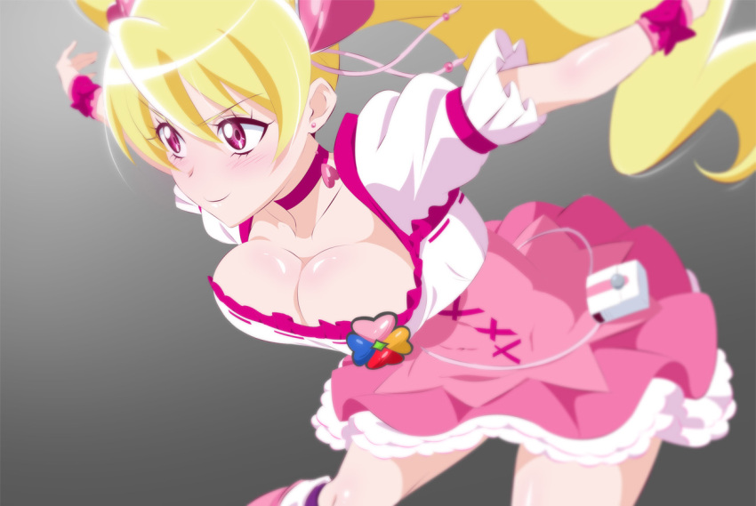 1girl breasts choker cleavage cure_peach earrings fresh_precure! fuchi_(nightmare) gradient_background grey_background hair_ornament heart heart_earrings heart_hair_ornament jewelry large_breasts long_hair magical_girl momozono_love pink_choker pink_eyes pink_skirt precure puffy_short_sleeves puffy_sleeves shirt short_sleeves skirt smile solo twintails white_shirt wrist_cuffs