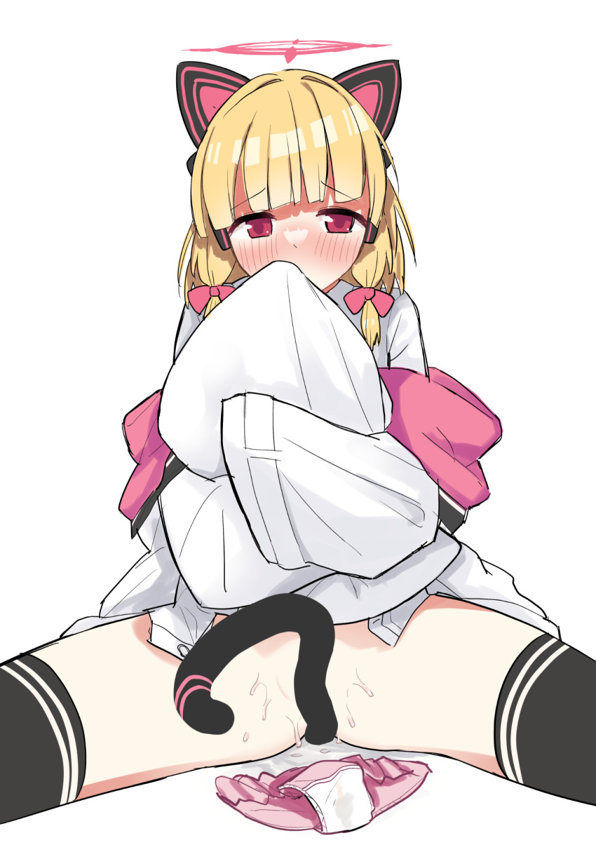 1girl animal_ear_headphones animal_ears black_thighhighs blonde_hair blue_archive blunt_bangs blush bow cat_ear_headphones cat_tail commentary_request covering_mouth fake_animal_ears hair_bow halo headphones highres jacket long_sleeves looking_at_viewer low_tied_sidelocks momoi_(blue_archive) no_panties panties panties_removed pink_bow pink_eyes pink_halo pink_panties pussy_juice pussy_juice_stain shirt short_hair simple_background sitting sleeves_past_fingers sleeves_past_wrists solo spread_legs stained_panties tail tail_censor teruisi thighhighs underwear white_background white_jacket white_shirt wide_sleeves
