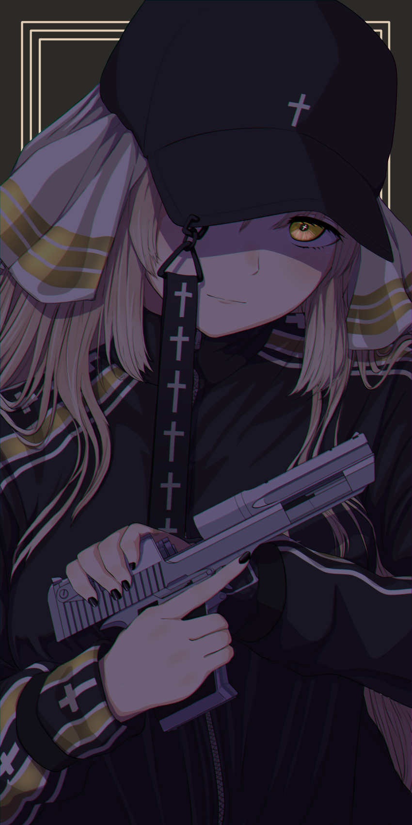 1girl absurdres baseball_cap black_background black_handwear black_jacket black_nails blonde_hair blush chromatic_aberration closed_mouth cocking_gun commentary_request cross-shaped_pupils dark desert_eagle dogma_(vocaloid) gun handgun hands_up hat hat_over_one_eye highres holding holding_gun holding_weapon jacket kaede_(harutan109) light_smile long_hair long_sleeves looking_at_viewer nijisanji official_alternate_costume shade sister_cleaire solo symbol-shaped_pupils track_jacket upper_body virtual_youtuber weapon yellow_eyes