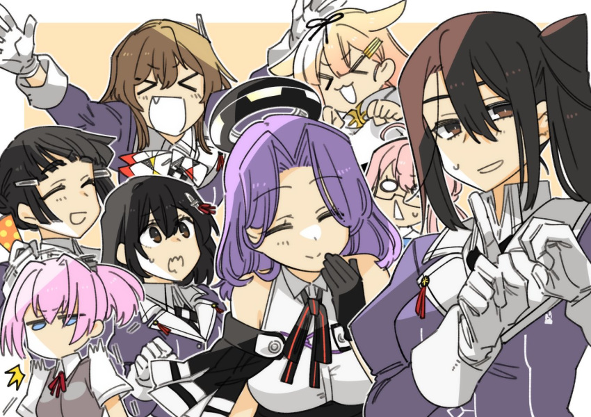 &gt;_&lt; 6+girls :3 anniversary arms_up ashigara_(kancolle) ashigara_kai_ni_(kancolle) black_gloves black_hair black_ribbon blonde_hair closed_eyes fang flower glasses gloves haguro_(kancolle) haguro_kai_ni_(kancolle) hair_between_eyes hair_flower hair_ornament hair_ribbon halo higaragi kantai_collection long_hair long_sleeves makigumo_(kancolle) mechanical_halo multiple_girls myoukou_(kancolle) myoukou_kai_ni_(kancolle) nachi_(kancolle) nachi_kai_ni_(kancolle) o_o pink_hair ponytail purple_hair ribbon scarf shiranui_(kancolle) shirt short_hair short_sleeves sidelocks simple_background sweat tatsuta_(kancolle) tatsuta_kai_ni_(kancolle) vest white_gloves white_shirt yuudachi_(kancolle) yuudachi_kai_ni_(kancolle)