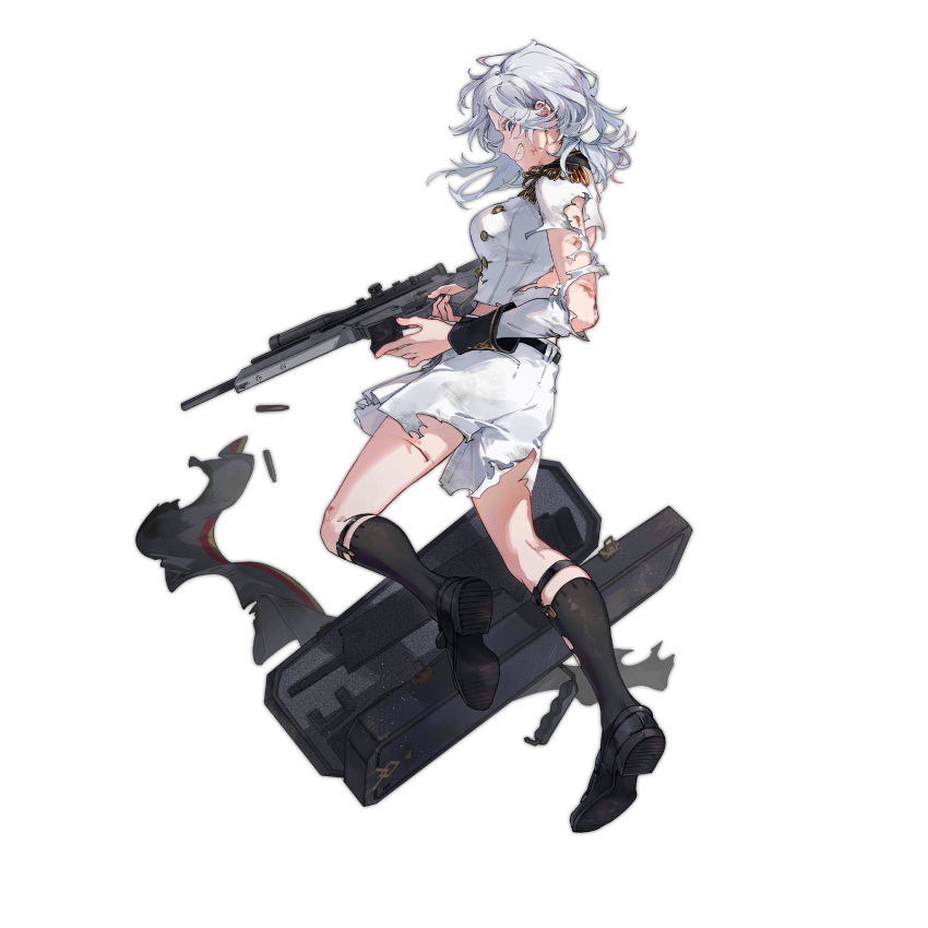 1girl black_footwear black_socks breasts cuts epaulettes from_side full_body girls'_frontline grin gun h&amp;k_sl8 highres holding holding_gun holding_weapon injury kneehighs large_breasts lightning_bolt_symbol looking_at_viewer looking_to_the_side marching_band medium_hair midriff official_alternate_costume official_art purple_eyes reloading scrape sharp_teeth shirt shoe_soles shorts shuzi simple_background sl8_(girls'_frontline) sl8_(improvised_rhapsody)_(girls'_frontline) smile socks solo teeth torn_clothes torn_shirt torn_shorts torn_socks transparent_background weapon weapon_case white_hair white_short white_shorts white_uniform