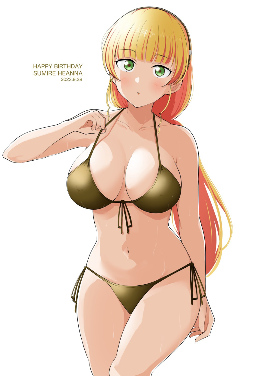 1girl adjusting_clothes adjusting_swimsuit bare_shoulders barkhorn0331 bikini birthday blonde_hair blunt_bangs blush breasts character_name cleavage collarbone dated green_eyes hair_behind_ear hairband happy_birthday heanna_sumire highres large_breasts long_hair looking_at_viewer love_live! love_live!_superstar!! navel open_mouth side-tie_bikini_bottom simple_background solo swimsuit wet wet_clothes wet_swimsuit white_background
