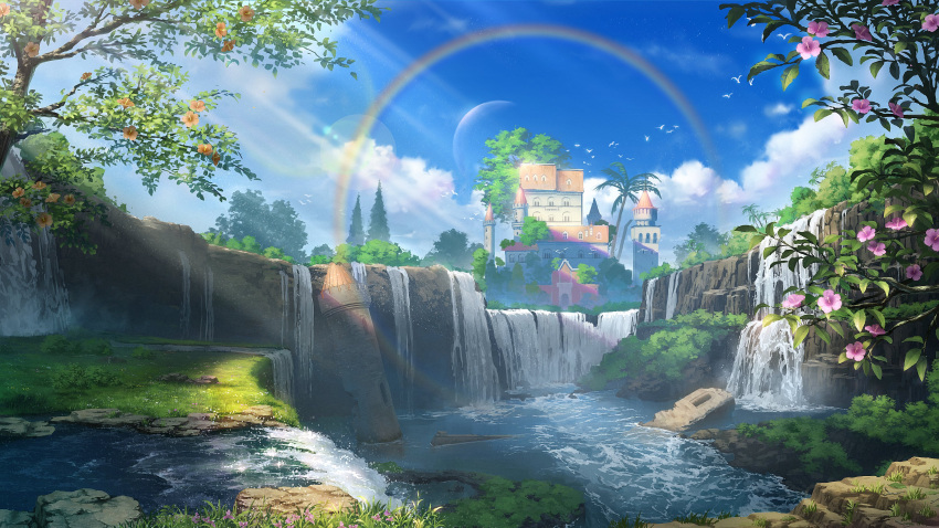 absurdres blue_sky building bush castle cloud cloudy_sky flower forest grass highres meron_2770 mountain nature no_humans orange_flower original palm_tree pink_flower rainbow rainforest river ruins scenery sky tower tree water waterfall