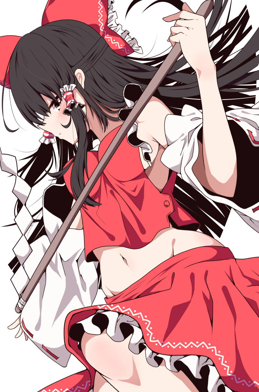 1girl bare_shoulders black_hair blush bow bow_print breasts closed_mouth cowboy_shot detached_sleeves expressionless frilled_bow frilled_hair_tubes frilled_skirt frilled_vest frills gohei hair_bow hair_tubes hakurei_reimu hand_up highres holding holding_gohei leg_up long_hair looking_at_viewer medium_breasts midriff navel print_skirt rankasei red_bow red_ribbon red_skirt red_vest ribbon ribbon-trimmed_sleeves ribbon_trim sideboob sidelocks simple_background skirt skirt_set solo stomach touhou vest white_background wide_sleeves yellow_eyes