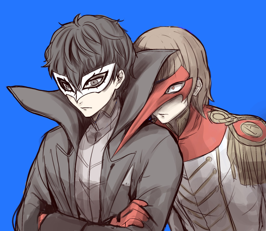 2boys akechi_gorou amamiya_ren black_coat black_eyes black_hair blue_background brown_hair closed_mouth coat crossed_arms epaulettes eye_mask gloves highres igusaharu long_sleeves male_focus mask multiple_boys persona persona_5 red_eyes red_gloves red_mask simple_background sketch upper_body white_mask