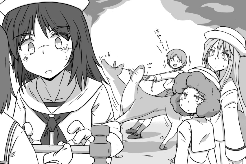 5girls afterimage blank_eyes blouse curly_hair deer dixie_cup_hat flint_(girls_und_panzer) flying_sweatdrops girls_und_panzer giving greyscale hammer hat highres holding holding_hammer holding_hands light_frown long_hair long_sleeves looking_at_another looking_back medium_hair military_hat monochrome motion_lines multiple_girls murakami_(girls_und_panzer) neckerchief ooarai_naval_school_uniform ooarai_school_uniform open_mouth pleated_skirt renshiu rum_(girls_und_panzer) sailor sailor_collar sakaguchi_karina sawa_azusa school_uniform shirt short_hair skirt sweatdrop tilted_headwear translated