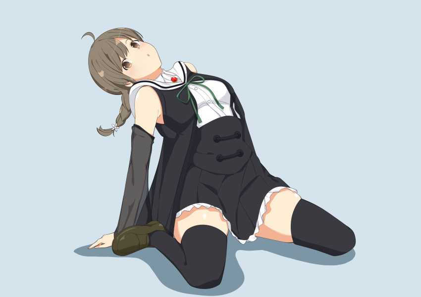 1girl :o absurdres ahoge arm_at_side assault_lily bare_shoulders black_jacket black_skirt black_thighhighs braid breasts brown_eyes brown_footwear brown_hair buttons commentary_request detached_sleeves flower frilled_skirt frills full_body green_ribbon grey_background hair_flower hair_ornament highres jacket leaning_back light_blush loafers long_hair long_sleeves looking_at_viewer medium_breasts miniskirt neck_ribbon open_clothes open_jacket parted_lips ribbon rokkaku_shiori school_uniform see-through see-through_sleeves senri_(senri03151221) shadow shirt shoes simple_background single_braid sitting skirt sleeveless sleeveless_jacket sleeveless_shirt solo thighhighs underbust wariza white_flower white_shirt yurigaoka_girls_academy_school_uniform zettai_ryouiki
