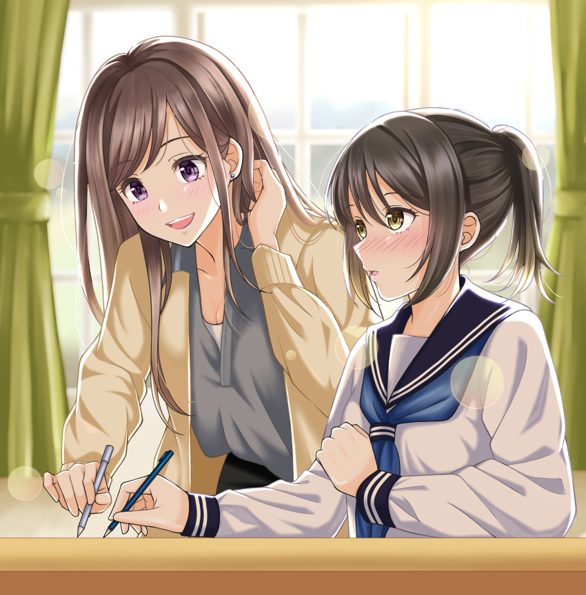 2girls absurdres adjusting_hair awazake_(2wairu) black_skirt blue_neckerchief blue_sailor_collar blurry blurry_background blush brown_eyes brown_hair brown_jacket commentary_request curtains desk earrings grey_shirt hand_up highres holding holding_pencil indoors jacket jewelry leaning_forward long_hair long_sleeves multiple_girls neckerchief original parted_lips pencil ponytail purple_eyes revision sailor_collar school_uniform serafuku shirt sitting skirt smile standing teacher teacher_and_student white_shirt window winter_uniform yuri