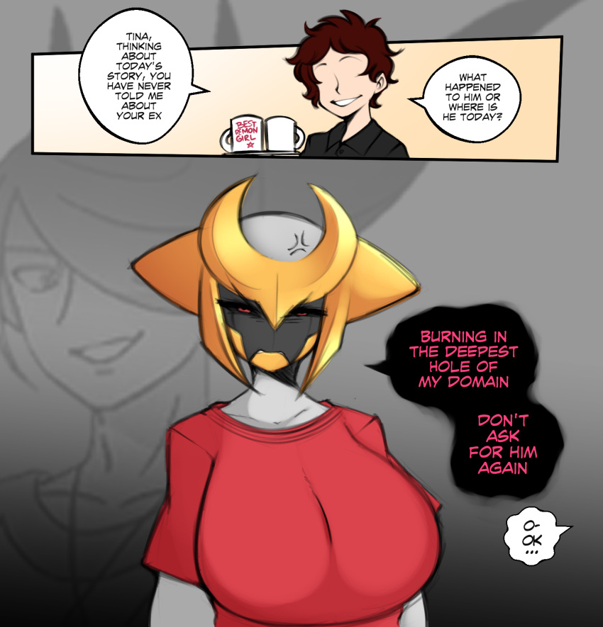 2023 anthro big_breasts black_sclera breasts clothed clothing comic container cup dialogue duo english_text female generation_4_pokemon giratina hi_res human legendary_pokemon male mammal nintendo pokemon pokemon_(species) red_eyes saltyxodium shirt speech_bubble text topwear