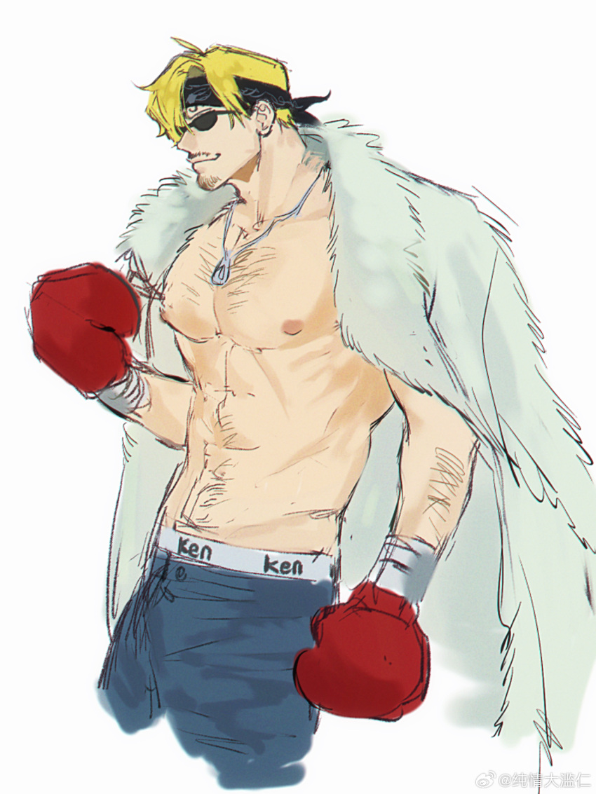 1boy arm_hair bara bare_pectorals black_headband blonde_hair boxing_gloves chest_hair coat coat_on_shoulders cropped_legs curly_eyebrows facial_hair goatee_stubble hair_over_one_eye hairy headband highres jewelry large_pectorals male_focus mature_male muscular muscular_male mustache_stubble navel_hair necklace nipples one_piece pectorals sanji_(one_piece) short_hair solo stubble sunglasses sweetdou3 unfinished white_background