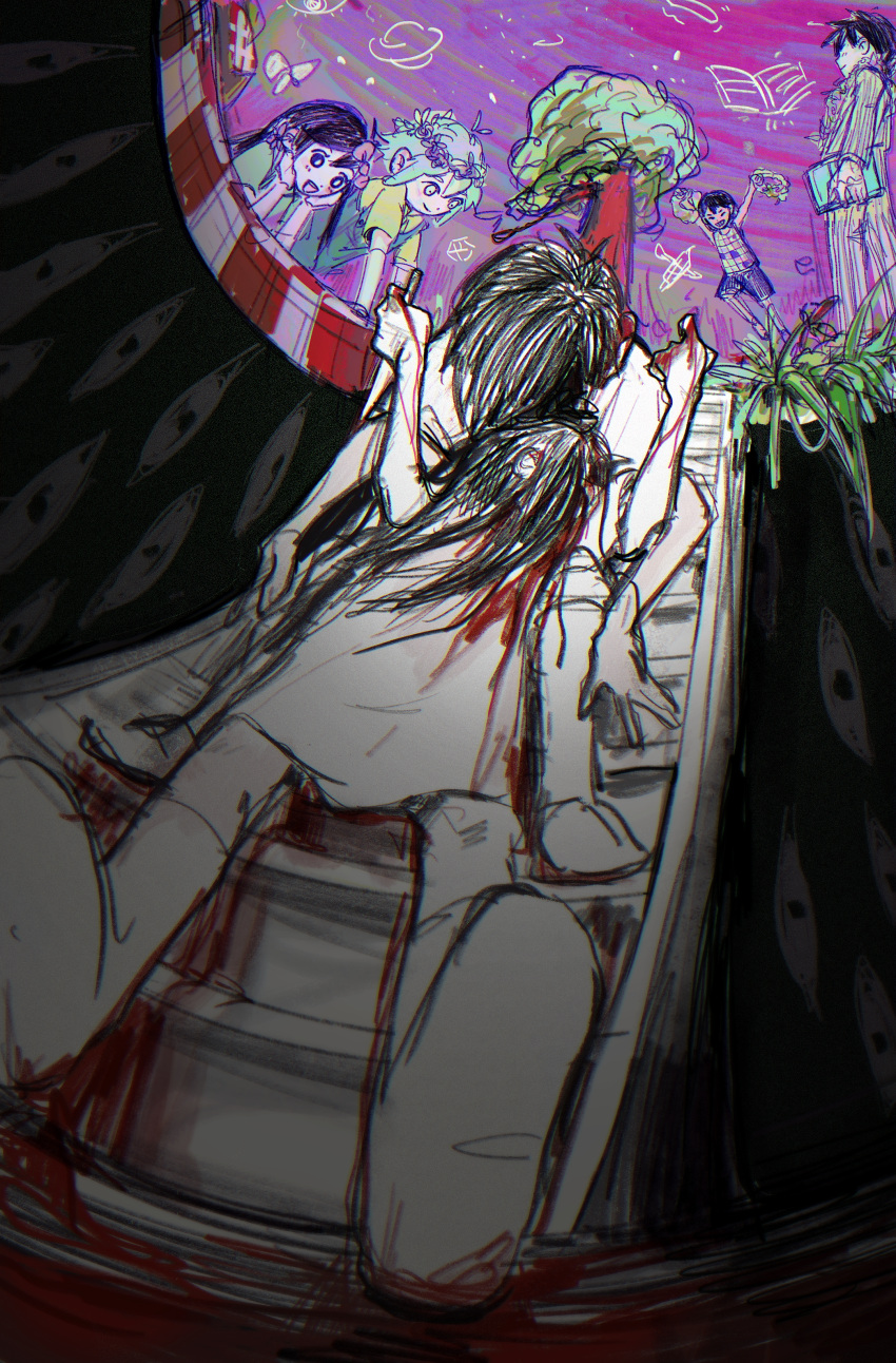 absurdres aqua_eyes aqua_hair aubrey_(headspace)_(omori) aubrey_(omori) basil_(headspace)_(omori) basil_(omori) black_background black_hair black_shorts blood blood_on_clothes blood_on_ground blood_on_hands blue_overalls book bow bug butterfly checkered_clothes closed_eyes colored_skin corpse darkness doodles dragging dress entronyar extra_eyes faux_traditional_media flower_wreath grass green_shirt grin hair_bow hair_over_face hatching_(texture) head_wreath highres holding holding_book holding_knife holding_wreath kel_(headspace)_(omori) kel_(omori) knife linear_hatching long_hair mari_(omori) monochrome omori omori_(omori) open_mouth overalls parody pink_bow pink_sky purple_sky shirt short_sleeves shorts sidelocks sky sleeveless sleeveless_shirt smile something_(omori) spoilers stairs style_parody sunny_(omori) t-shirt tree white_dress white_skin yellow_shirt