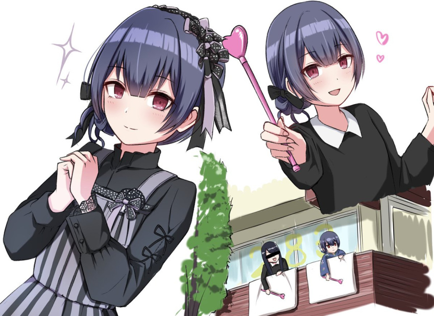 2girls :d balcony bangs bar_censor black_bow black_hair black_hairband black_ribbon black_shirt black_sweater blanket blue_hair blue_kimono blunt_bangs bow building censored closed_mouth collared_shirt commentary_request cropped_torso floral_print grey_overalls hair_between_eyes hair_bow hair_bun hair_over_shoulder hairband heart heart_wand holding holding_wand identity_censor idolmaster idolmaster_shiny_colors japanese_clothes kimono long_hair long_sleeves looking_ahead maruoka_wakana morino_rinze multiple_girls multiple_persona one_side_up open_mouth overalls own_hands_together polka_dot_hairband red_eyes ribbon shirt short_hair simple_background single_hair_bun smile sparkle striped striped_overalls sweater tree upper_body vertical-striped_overalls vertical_stripes voice_actor_connection wand warubo white_background white_shirt window