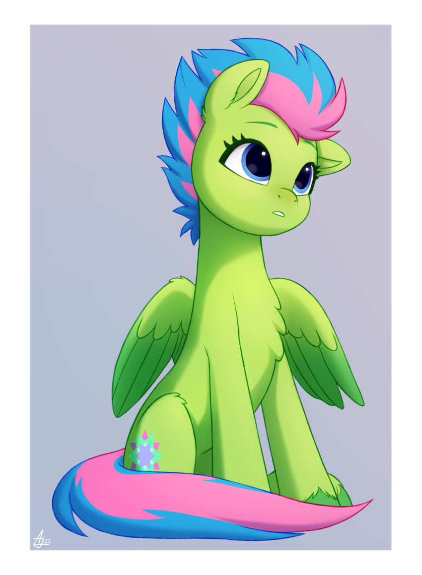 2023 blue_eyes blue_hair blue_mane blue_tail chest_tuft cutie_mark digital_media_(artwork) equid equine feathered_wings feathers female feral fur green_body green_feathers green_fur hair hasbro hi_res hooves luminous_dazzle_(mlp) luminousdazzle mammal mane mlp_g5 multicolored_hair multicolored_mane my_little_pony my_little_pony:_tell_your_tale pegasus pink_hair pink_mane pink_tail signature sitting tail tuft two_tone_hair two_tone_mane two_tone_tail wings