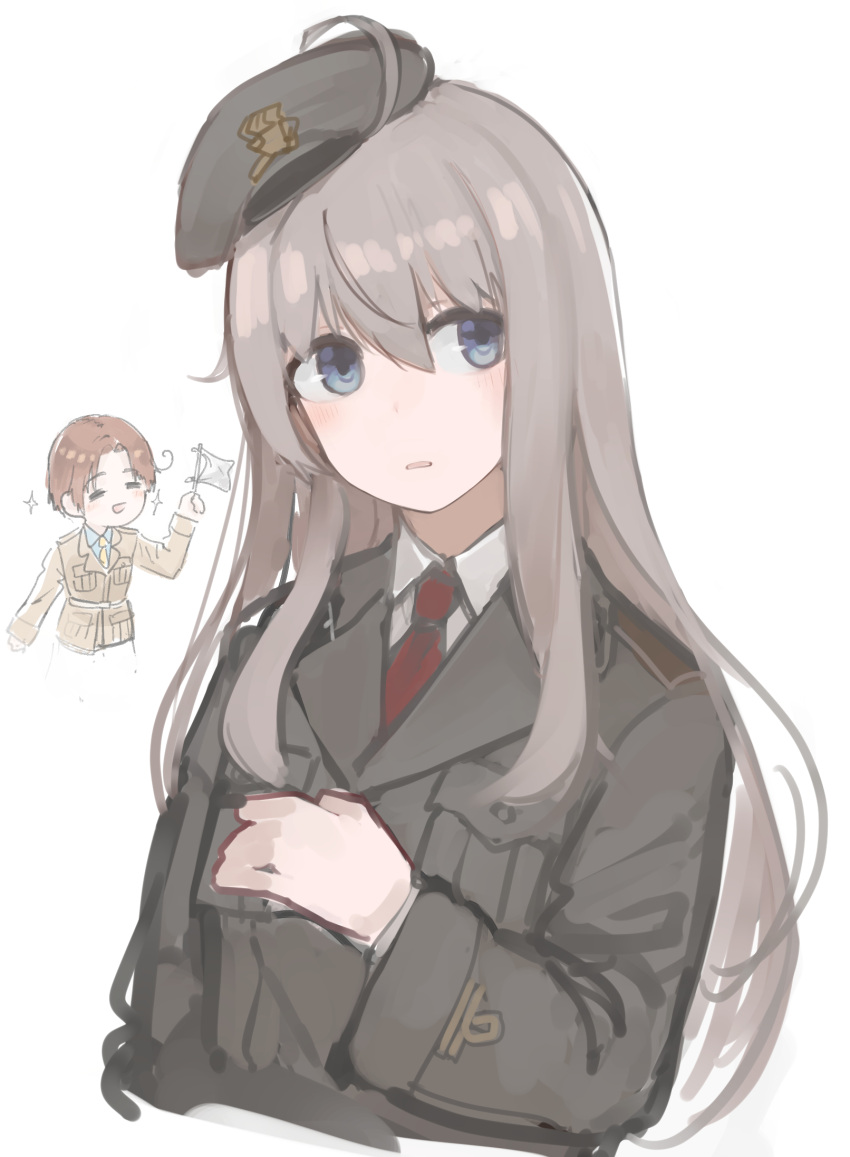 1girl ahoge axis_powers_hetalia beret beretta_model_38_(girls'_frontline) blue_eyes blush duplicate girls'_frontline grey_hair grey_headwear grey_jacket hair_between_eyes hat highres jacket long_hair long_sleeves looking_at_viewer military military_uniform necktie northern_italy_(hetalia) open_mouth pixel-perfect_duplicate rampart1028 red_necktie shirt solo uniform upper_body white_background white_shirt