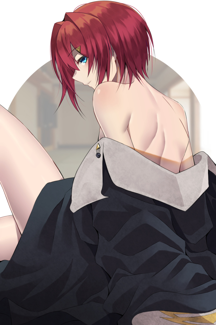 1girl ange_katrina ange_katrina_(1st_costume) back bare_back bare_legs bare_shoulders black_coat black_jacket blue_eyes coat commentary flat_chest hair_intakes hair_ornament hairpin highres jacket looking_at_viewer looking_back narrowed_eyes nijisanji off_shoulder partially_undressed red_hair shiny_skin short_hair shoulder_blades shunga_(shun608) solo straight_hair thighs triangle_hair_ornament virtual_youtuber