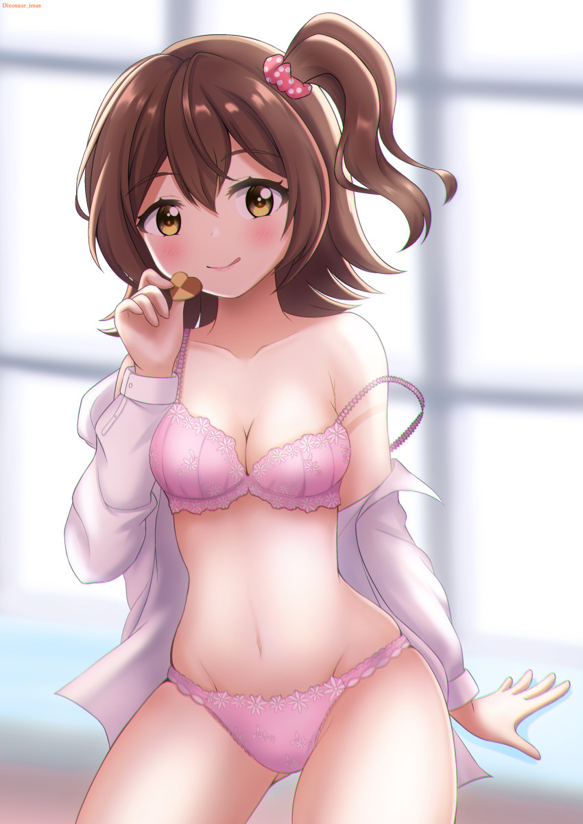 1girl :q absurdres bra breasts brown_eyes brown_hair cleavage closed_mouth commentary cookie cowboy_shot dress_shirt er_dinosaur food groin hair_ornament hair_scrunchie highres holding holding_food idolmaster idolmaster_million_live! indoors kasuga_mirai lace-trimmed_panties lace_trim licking_lips lingerie looking_at_viewer medium_breasts medium_hair navel no_pants off_shoulder one_side_up open_clothes open_shirt panties pink_bra pink_panties red_scrunchie scrunchie shirt skindentation smile solo standing strap_slip tongue tongue_out twitter_username underwear white_shirt