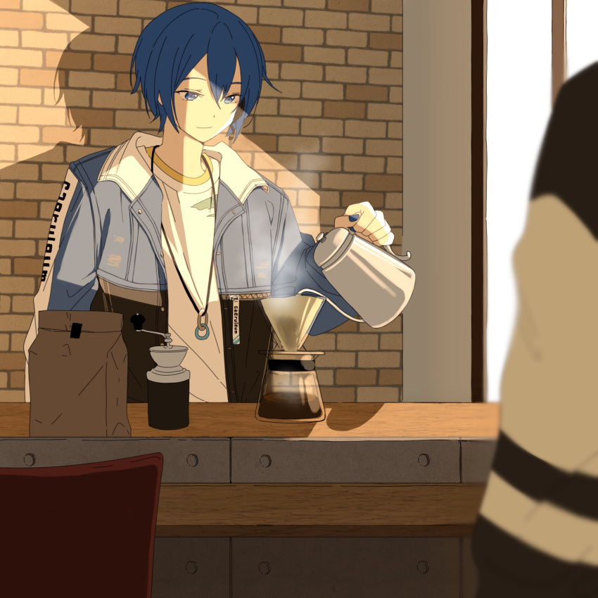 1boy 1other arm_at_side bag black_jacket blue_eyes blue_hair blue_jacket blue_nails brick_wall cafe chair closed_mouth coffee_filter collared_jacket counter dot_nose evening highres holding_kettle indoors jacket jewelry kaito_(vocaloid) looking_at_object male_focus multicolored_clothes multicolored_jacket nail_polish open_clothes open_jacket paper_bag pendant project_sekai shadow shirt smile solo_focus two-tone_jacket upper_body vivid_bad_squad_kaito vocaloid watameki_(pixiv_33969409) white_shirt window