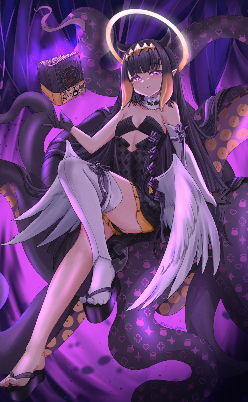 1girl ao-chan_(ninomae_ina'nis) black_dress breasts cleavage detached_sleeves dress gloves halo highres hololive hololive_english long_hair looking_at_viewer low_wings mole mole_under_eye ninomae_ina'nis ninomae_ina'nis_(1st_costume) okobo pointy_ears purple_eyes purple_footwear purple_gloves purple_hair single_barefoot single_detached_sleeve single_thighhigh sitting_on_tentacle skirt small_breasts smile solo strapless strapless_dress tentacle_hair tentacles thighhighs tube_dress varo_006 virtual_youtuber white_sleeves white_thighhighs wings yellow_skirt