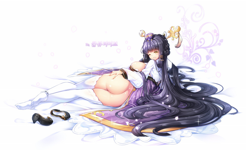 1girl ;d absurdly_long_hair ass black_hair blunt_bangs blush braid breasts character_request commission dress french_braid from_behind full_body hair_ornament hair_stick high_heels highres large_breasts legs long_hair long_sleeves looking_at_viewer looking_back lying no_panties on_side one_eye_closed original poseich purple_hair simple_background smile solo thighhighs thighs unleashed very_long_hair white_background yellow_eyes