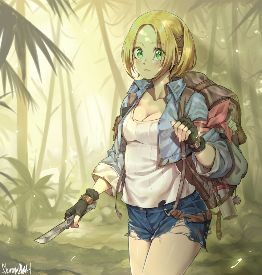 1girl arm_scarf artist_name backpack bag black_gloves blonde_hair blue_jacket blue_shorts breasts brown_bag cleavage closed_mouth collared_jacket commentary cowboy_shot cropped_jacket english_commentary fingerless_gloves gloves green_eyes hair_ornament hairclip holding holding_knife jacket knife long_sleeves looking_at_viewer medium_breasts open_clothes open_jacket original outdoors parted_bangs red_scarf ribbed_shirt scarf shirt short_hair shorts skinnysloth solo thermos torn_clothes torn_shorts white_shirt