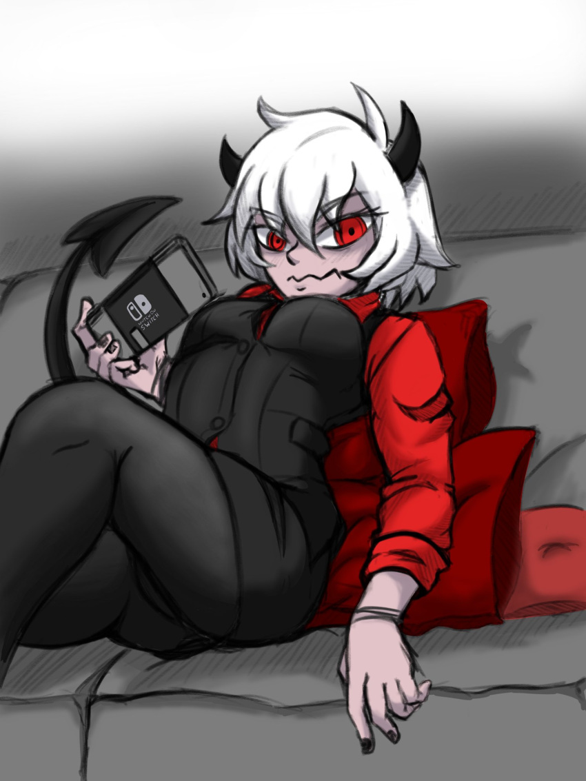 1girl black_horns black_nails black_vest couch demon demon_girl demon_horns demon_tail grumpy helltaker highres holding horns looking_at_viewer malina_(helltaker) nintendo_switch on_couch pillow ramasan red_eyes red_shirt shirt tail vest white_hair