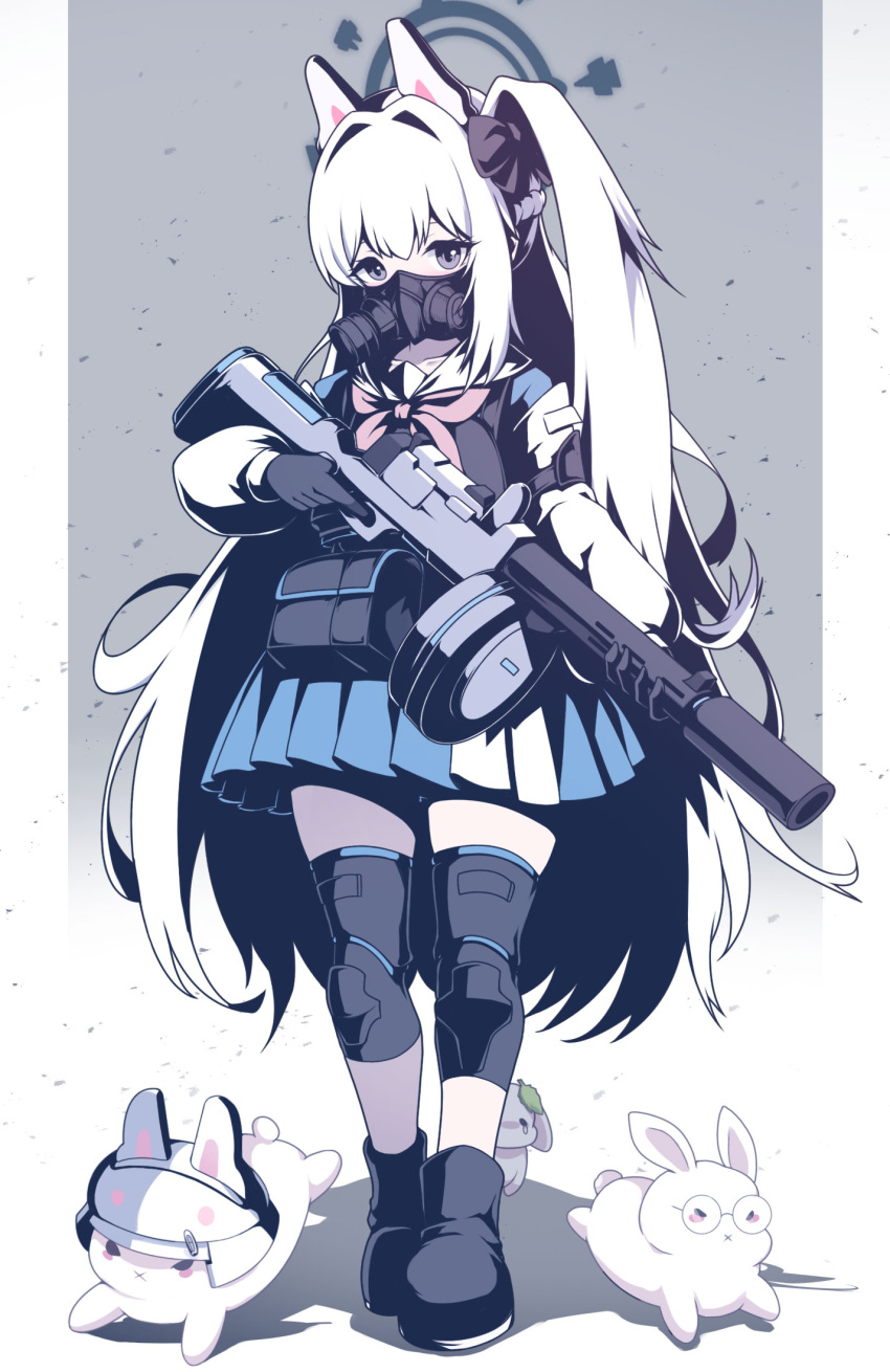 1girl animal animal_ears animalization black_footwear blue_archive blue_skirt boots braid fake_animal_ears full_body fuyu_no_usagi grey_hair grey_halo gun halo highres holding holding_gun holding_weapon long_hair miyako_(blue_archive) miyu_(blue_archive) moe_(blue_archive) neckerchief one_side_up pink_neckerchief pleated_skirt purple_eyes rabbit rabbit_ears rabbit_platoon_(blue_archive) sailor_collar saki_(blue_archive) skirt solo two-tone_skirt weapon white_sailor_collar