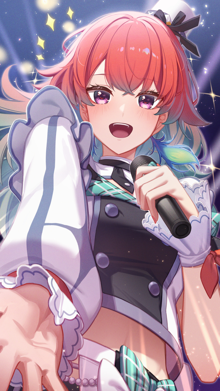 1girl absurdres aqua_hair asymmetrical_sleeves blush breasts buttons crop_top double-breasted earrings erezu feather_earrings feathers gradient_hair highres holding holding_microphone hololive hololive_english hololive_idol_uniform hololive_idol_uniform_(bright) jewelry long_hair looking_at_viewer medium_hair microphone multicolored_hair open_mouth orange_hair purple_eyes smile solo takanashi_kiara uneven_sleeves virtual_youtuber