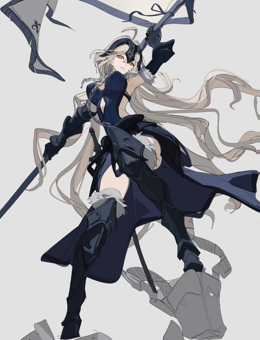 1girl absurdres ahoge armor armpits banner blue_dress bracer bridal_gauntlets chain choker dress fate/grand_order fate_(series) faulds greaves grey_hair high_heels highres holding holding_polearm holding_weapon jeanne_d'arc_alter_(avenger)_(fate) jeanne_d'arc_alter_(avenger)_(third_ascension)_(fate) jeanne_d'arc_alter_(fate) kumatangent light_smile long_hair looking_at_viewer polearm spear sword thighhighs tiara unfinished very_long_hair waist_cape weapon yellow_eyes