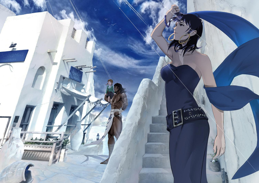 1boy 2girls arc_the_lad arc_the_lad_ii bare_shoulders belt bird black_hair blue_hair breasts closed_mouth cloud dark-skinned_male dark_skin dress earrings gruga_(arc_the_lad) jewelry multiple_girls muscular muscular_male protected_link save_scene_a seagull shante_(arc_the_lad) short_hair stairs