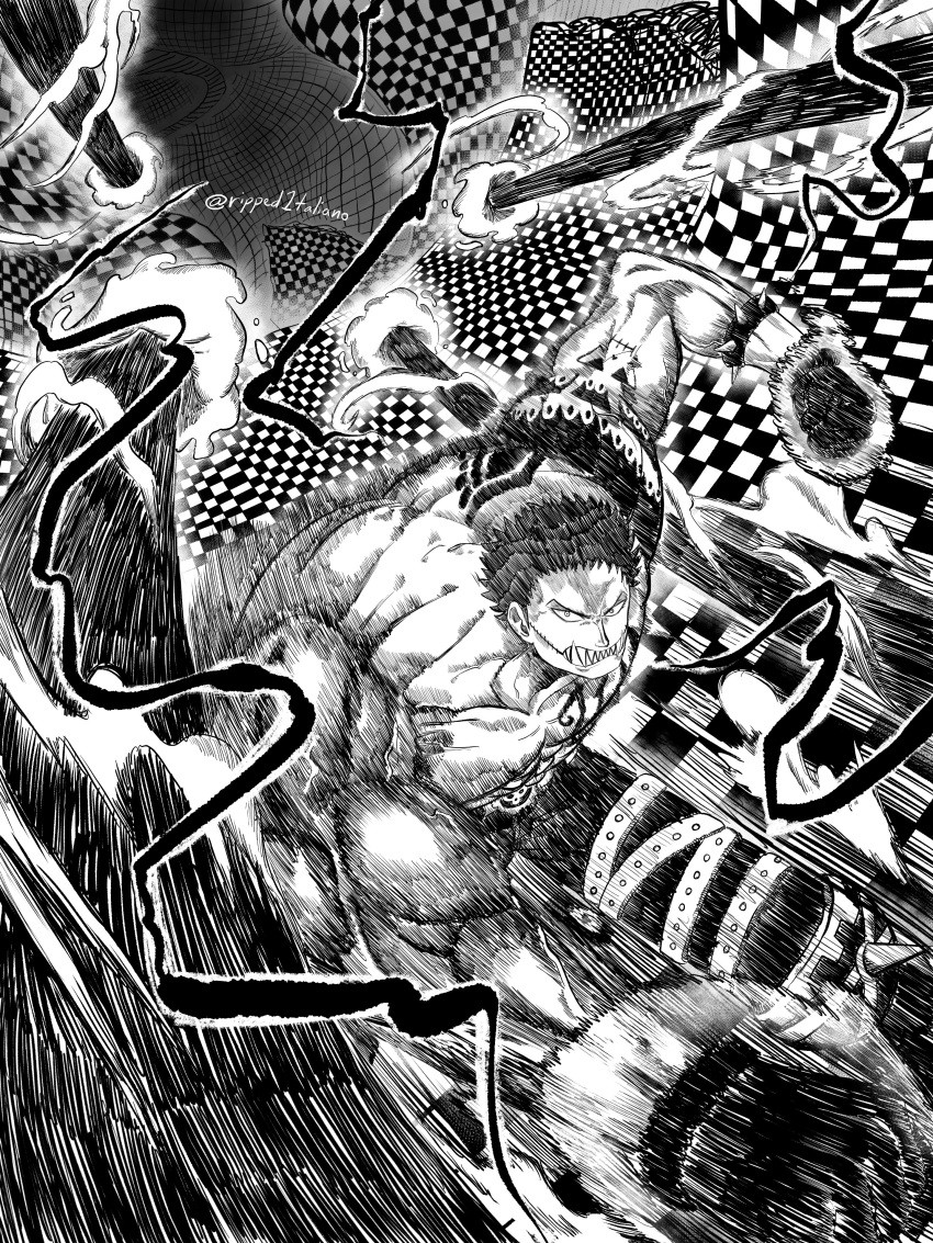 2boys absurdres arm_tattoo armlet black_gloves charlotte_katakuri checkered_background clenched_hands disembodied_limb gear_fourth:_snakeman gloves highres male_focus monkey_d._luffy monochrome multiple_boys muscular muscular_male one_piece ripped1taliano running scar scar_on_face sharp_teeth short_hair shoulder_tattoo speed_lines spiked_anklet spiked_armlet tattoo teeth topless_male twitter_username