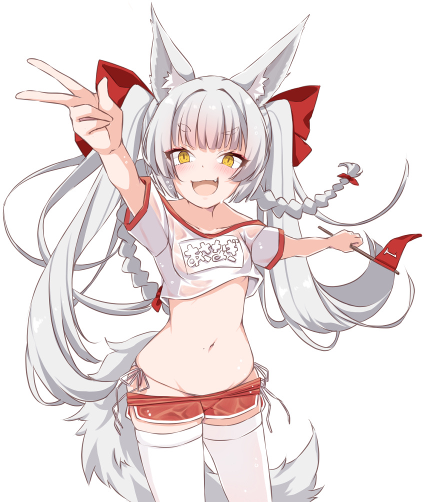 1girl alternate_costume animal_ear_fluff animal_ears asanagi_(azur_lane) azur_lane clothes_pull cowboy_shot fang flag fox_ears fox_girl fox_tail grey_hair gym_shorts gym_uniform highres holding holding_flag long_hair looking_at_viewer mikuchi3939 open_mouth panties red_shorts shirt short_sleeves shorts shorts_pull side-tie_panties simple_background smile solo standing tail thick_eyebrows thighhighs twintails underwear v very_long_hair wet wet_clothes wet_shirt white_background white_panties white_shirt white_thighhighs yellow_eyes