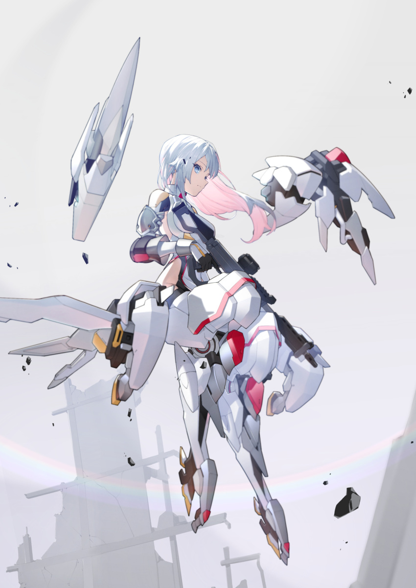 1girl absurdres alice_gear_aegis blue_eyes commentary_request floating floating_object gun highres hip_vent holding holding_gun holding_weapon karappo_(keith8387) kondou_chieri mecha_musume mechanical_arms mechanical_legs mechanical_wings single_mechanical_arm solo trigger_discipline weapon white_hair wings