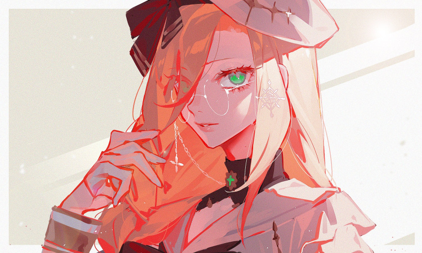 aia_amare blonde_hair braid detached_collar eyewear_strap glasses green_eyes highres long_hair nijisanji nijisanji_en round_eyewear single_braid twilightsea0214 virtual_youtuber white-framed_eyewear white_headwear