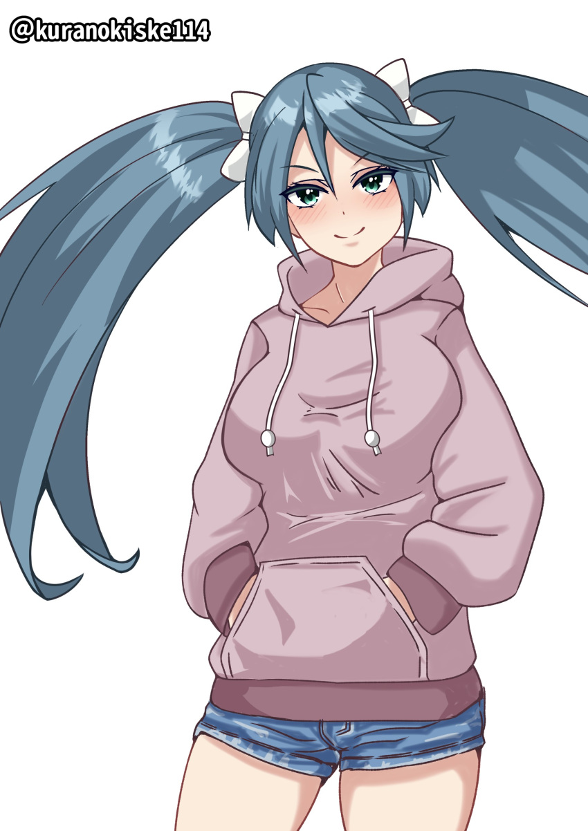 1girl absurdres alternate_costume blue_shorts denim denim_shorts drawstring green_eyes grey_hair grey_sweater hair_ribbon hands_in_pockets highres hood hooded_sweater isuzu_(kancolle) kantai_collection kurano_kisuke looking_at_viewer one-hour_drawing_challenge ribbon shorts simple_background smile solo sweater twitter_username white_background