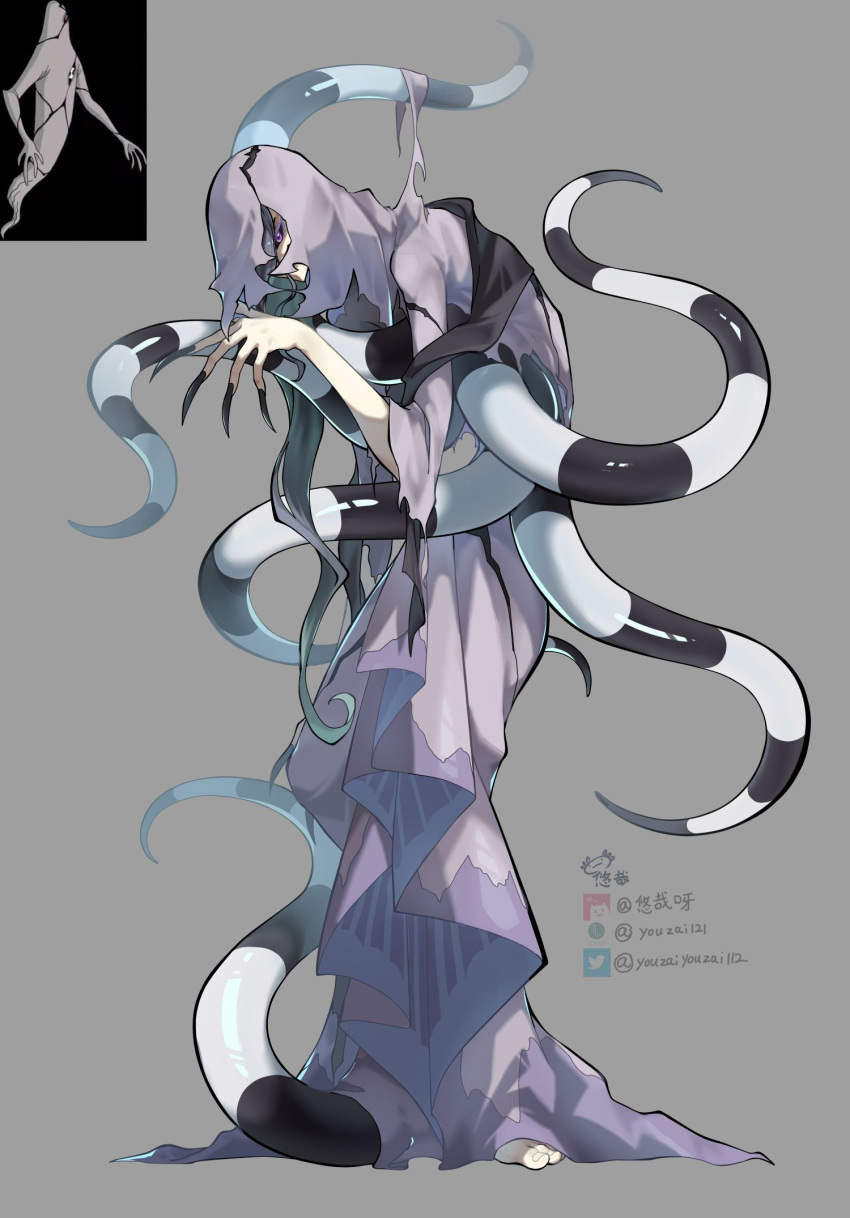 1girl artist_name ben_10 black_nails black_sclera colored_sclera commentary_request fingernails full_body ghostfreak green_eyes grey_background highres looking_at_viewer nail_polish original robe sharp_fingernails solo standing tentacles torn_robe watermark youzaiyouzai112