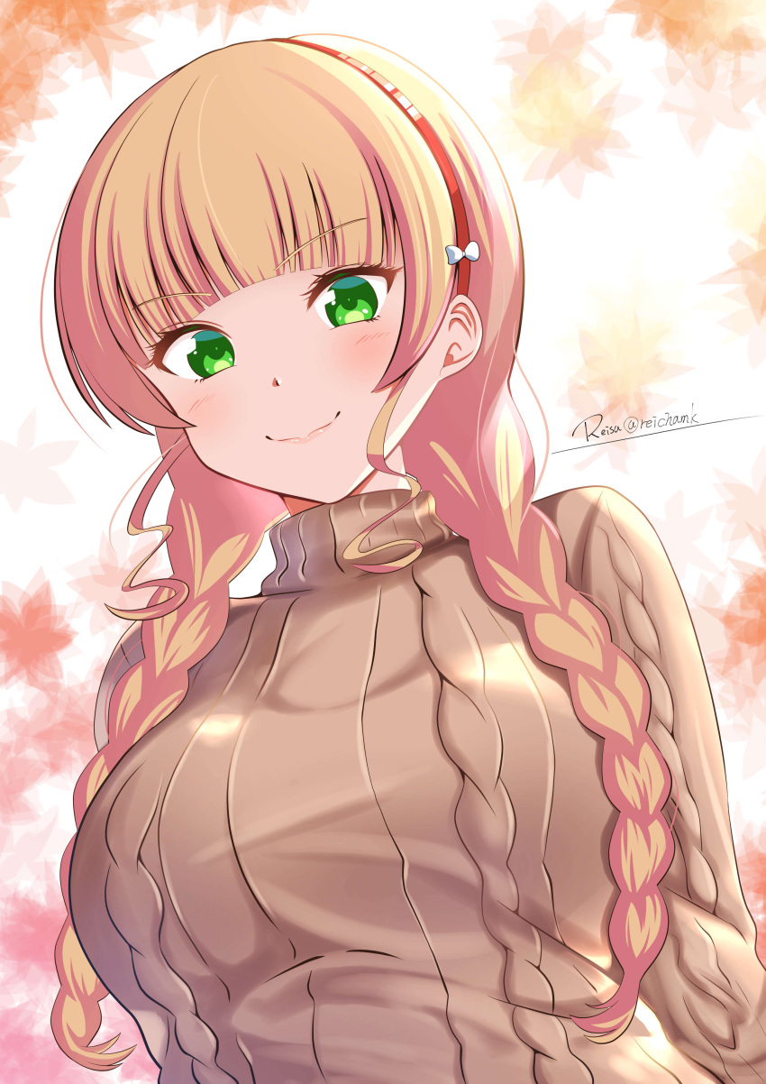 1girl absurdres aran_sweater arms_at_sides artist_name autumn_leaves blonde_hair blunt_bangs blush bow bow_hairband braid breasts brown_sweater cable_knit closed_mouth commentary floral_background green_eyes hair_bow hairband heanna_sumire highres large_breasts long_hair long_sleeves looking_at_viewer love_live! love_live!_superstar!! low_twin_braids low_twintails red_hairband reisa-aisaka ribbed_sweater solo sweater turtleneck turtleneck_sweater twin_braids twintails twitter_username upper_body v-shaped_eyebrows white_background white_bow