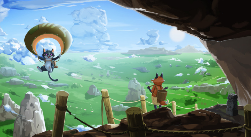2others animal cat cloud cloudy_sky fox from_behind goggles highres holding_strap looking_at_another mixed-language_commentary mountain multiple_others open_mouth original parachute scenery shorts sky sleepylion smile statue sun vat