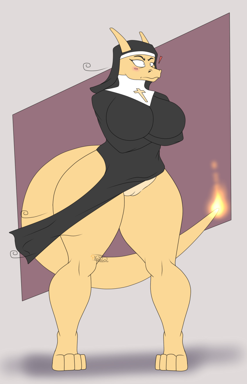 anthro big_breasts big_butt blush breasts butt charizard clothed clothing dragon female fire flat_colors generation_1_pokemon genitals hi_res nintendo nun nun_outfit photolol.03 pokemon pokemon_(species) pussy reptile scalie simple_background solo thick_thighs wide_hips wind